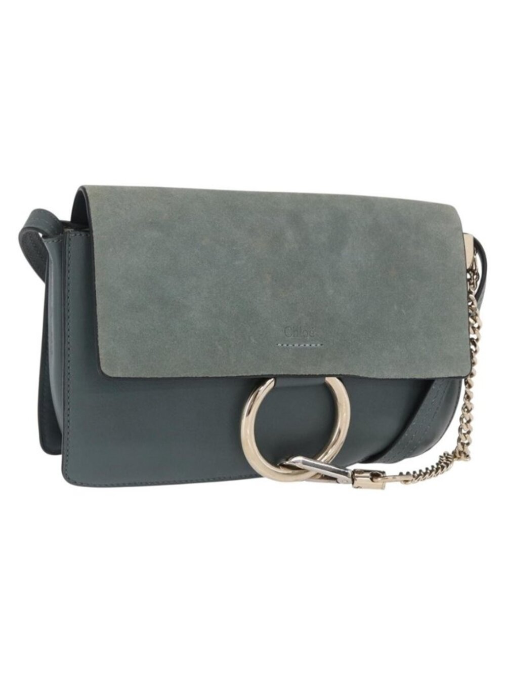 Authentic Chloe Fay Shoulder Bag Leather Suede Green Gold